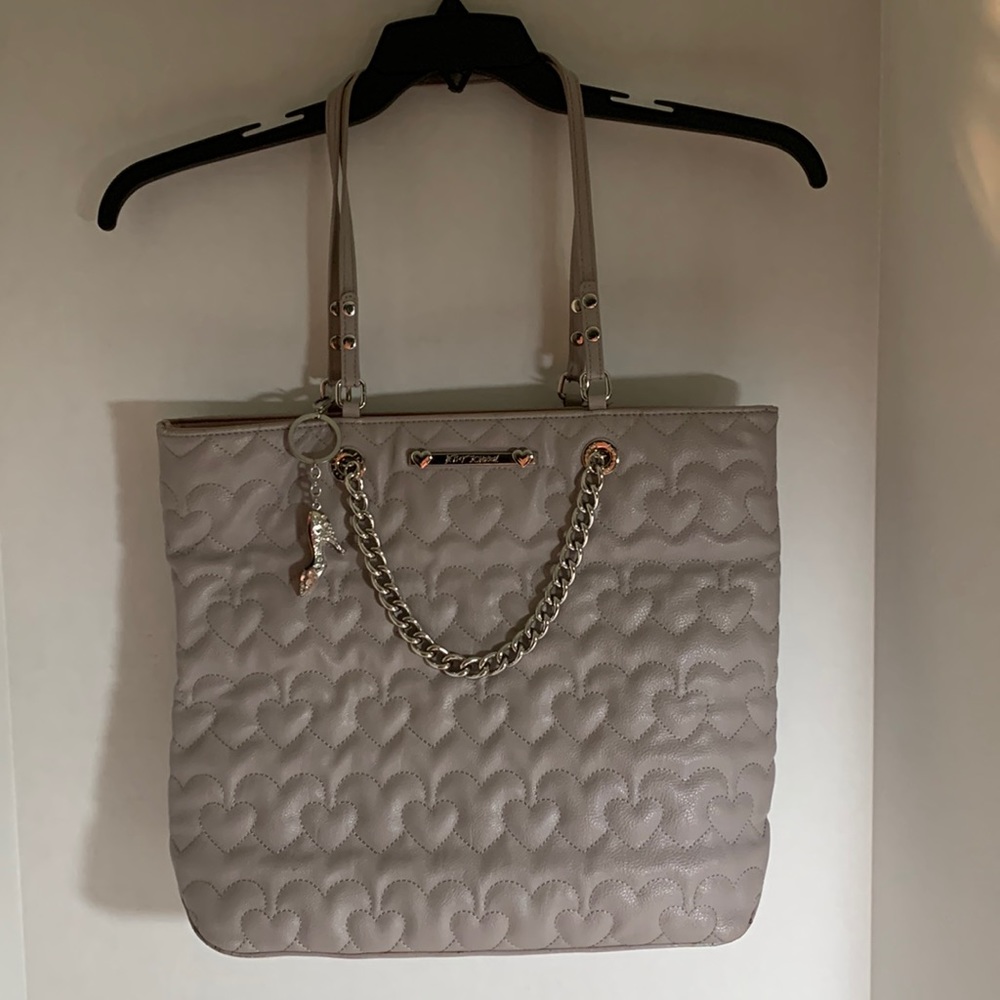 Betsey Johnson Puffy Heart Swag Tote. Gray/pink/purple hue. Excellent condition!
